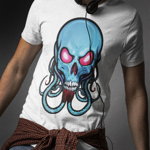Creepy Blue Gothic Stylized Tentacle Skull Light T-Shirt