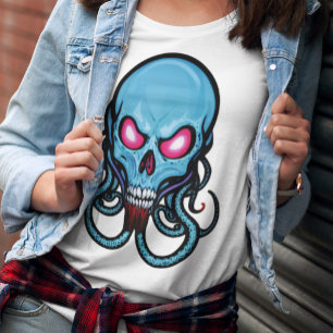 Creepy Blue Gothic Stylized Tentacle Skull Light T-Shirt
