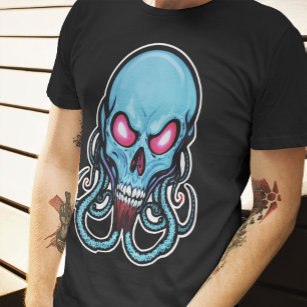 Creepy Blue Gothic Stylized Tentacle Skull T-Shirt
