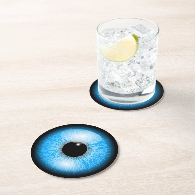 Creepy Blue Realistic Eyeball Halloween Round Paper Coaster (Insitu)