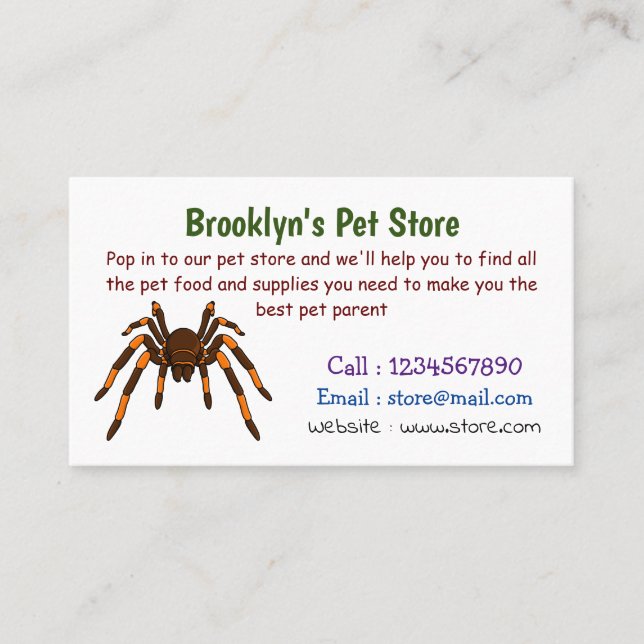 Creepy brown and orange tarantula spider cartoon business card (Front)