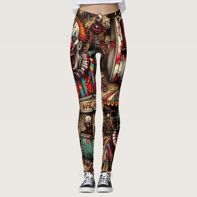 Creepy Carnival Clown Zombie Halloween Leggings (Front)