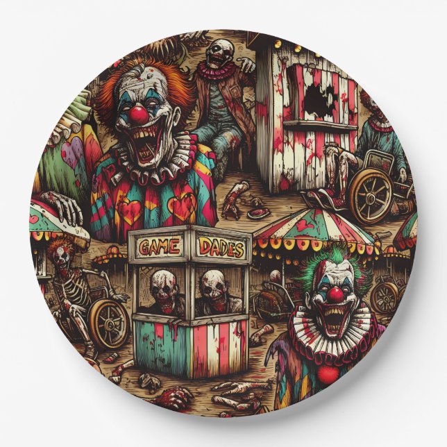 Creepy Carnival Clown Zombie Halloween Paper Plate (Front)