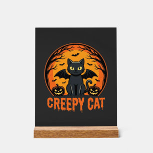 Creepy Cat Halloween Bat Moon Graphic Design_1 Acrylic Sign