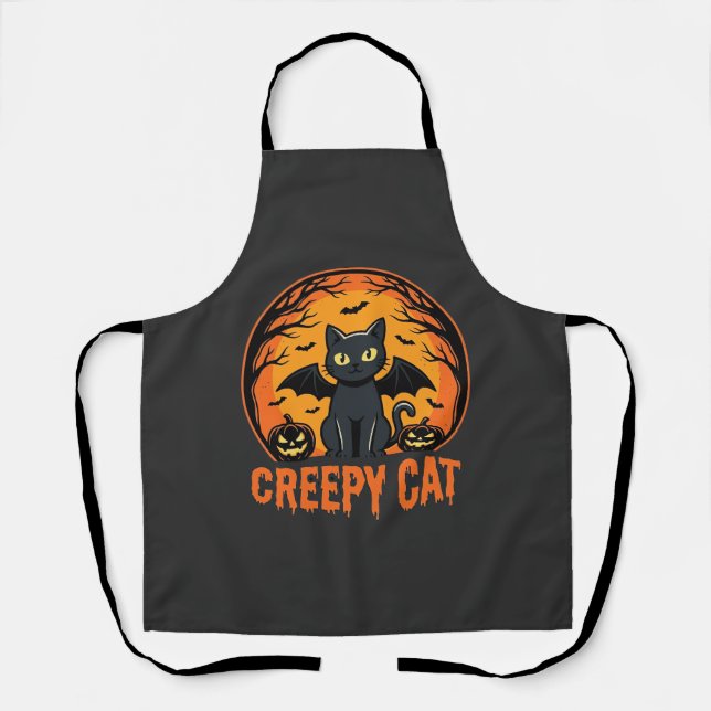 Creepy Cat Halloween Bat Moon Graphic Design_1 Apron (Front)