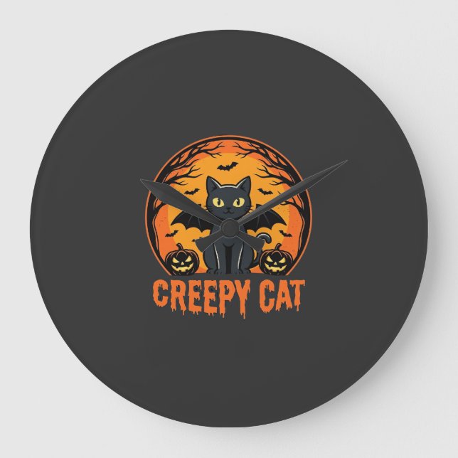 Creepy Cat Halloween Bat Moon Graphic Design_1 Large Clock (Front)
