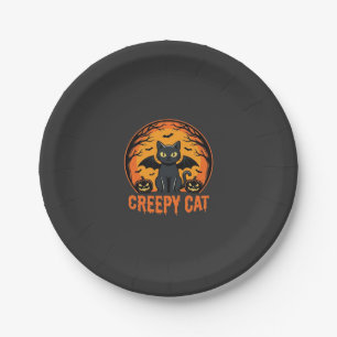 Creepy Cat Halloween Bat Moon Graphic Design_1 Paper Plate