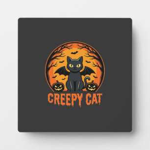 Creepy Cat Halloween Bat Moon Graphic Design_1 Plaque