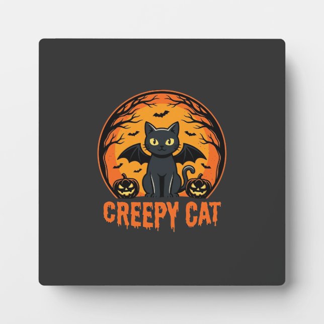 Creepy Cat Halloween Bat Moon Graphic Design_1 Plaque (Front)