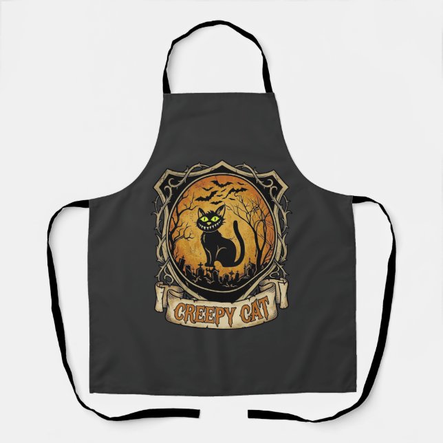 Creepy Cat Halloween Black Graveyard Bats Apron (Front)