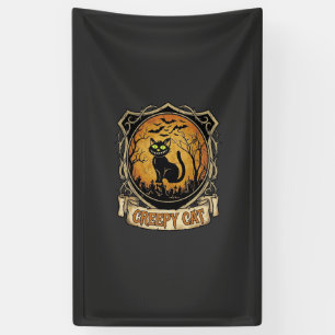 Creepy Cat Halloween Black Graveyard Bats Banner