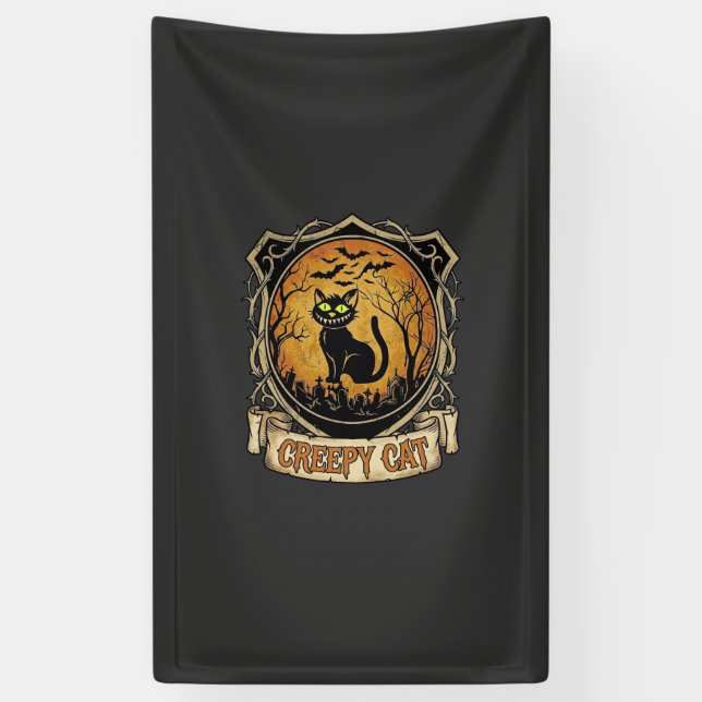 Creepy Cat Halloween Black Graveyard Bats Banner (Vertical)