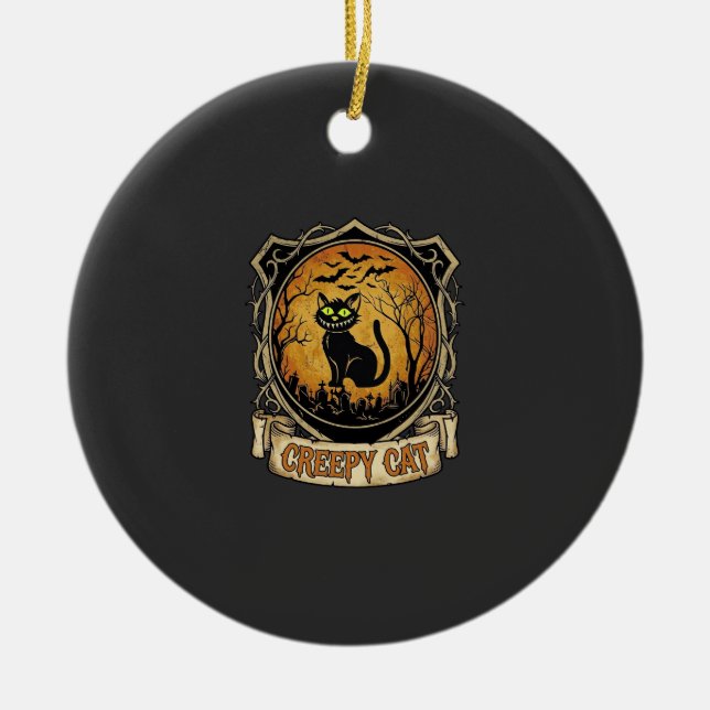 Creepy Cat Halloween Black Graveyard Bats Ceramic Tree Decoration (Front)