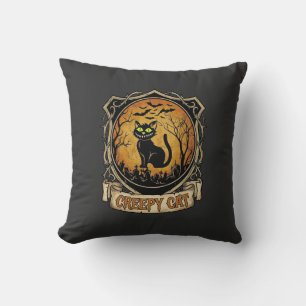 Creepy Cat Halloween Black Graveyard Bats Cushion