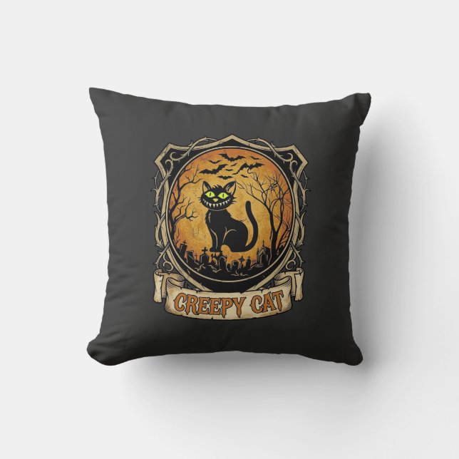 Creepy Cat Halloween Black Graveyard Bats Cushion (Front)