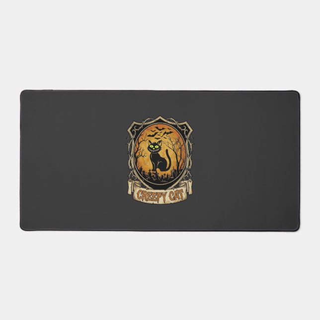 Creepy Cat Halloween Black Graveyard Bats Desk Mat (Front)