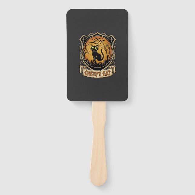 Creepy Cat Halloween Black Graveyard Bats Hand Fan (Front)