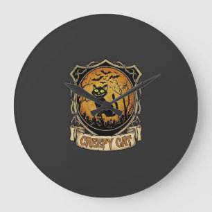 Creepy Cat Halloween Black Graveyard Bats Large Clock