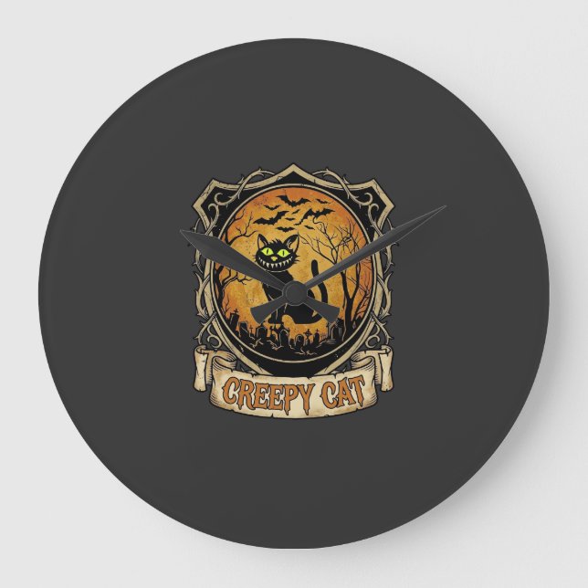 Creepy Cat Halloween Black Graveyard Bats Large Clock (Front)