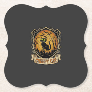 Creepy Cat Halloween Black Graveyard Bats Paper Coaster