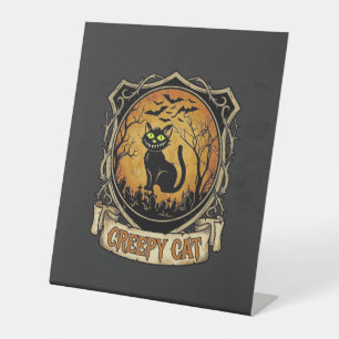 Creepy Cat Halloween Black Graveyard Bats Pedestal Sign