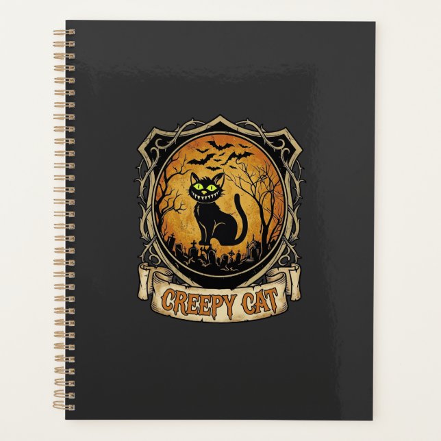 Creepy Cat Halloween Black Graveyard Bats Planner (Front)