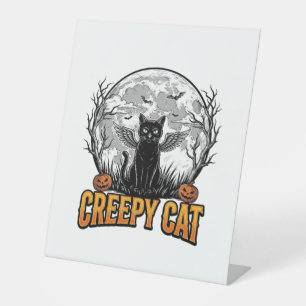 Creepy Cat Halloween Vintage Engraving Design_1 Pedestal Sign