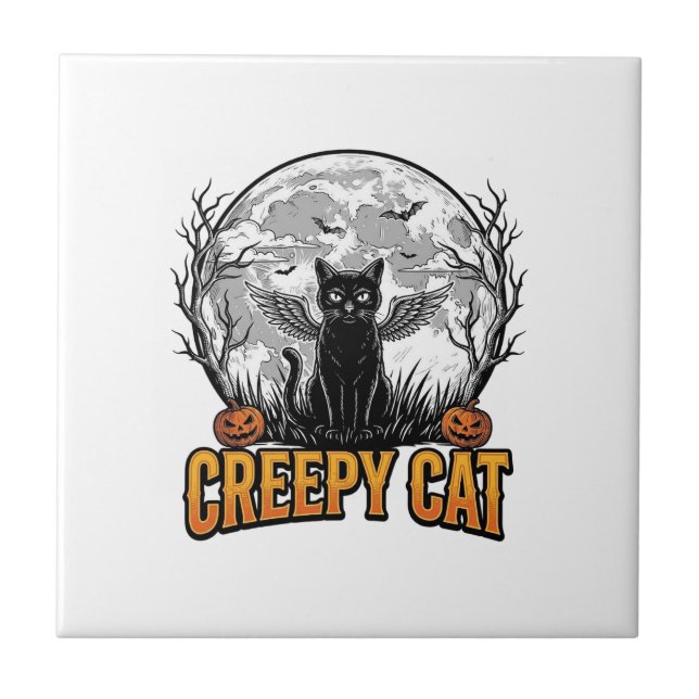 Creepy Cat Halloween Vintage Engraving Design_1 Tile (Front)