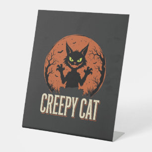 Creepy Cat Halloween Vintage Moon Graphic Pedestal Sign