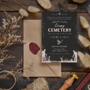 Creepy Cemetery Dusty Red with Blue Accent Invitation