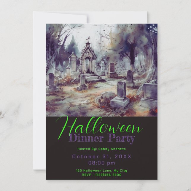 Creepy Cemetery Graves Halloween Dinner Party Invitation (Front)