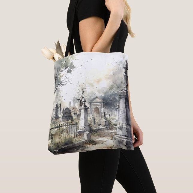 Creepy Cemetery Graveyard Graves Crosses Halloween Tote Bag (Close Up)