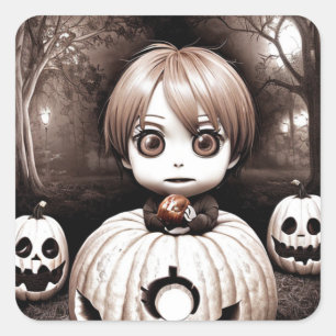 Creepy Child with Poison Apple in Pumpkin  Square Sticker