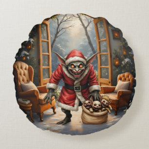 Creepy Christmas Goblin – Dark Fantasy Evil Santa Round Cushion
