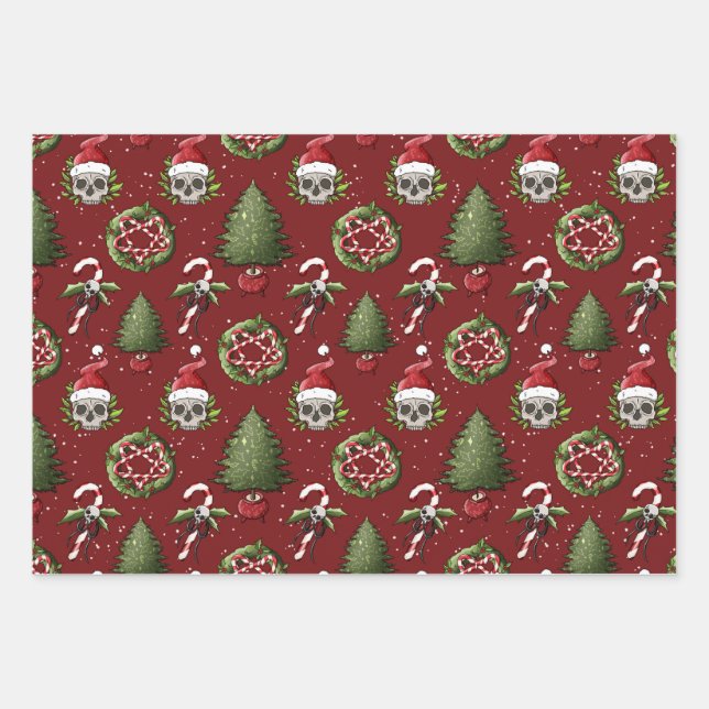 Creepy Christmas Wrapping Paper with Santa Skulls (Front)