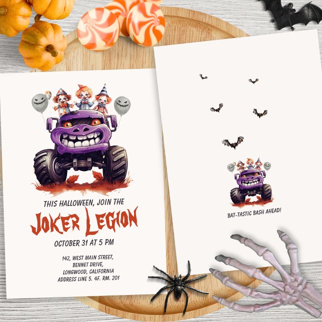 Creepy Clown Monster Truck Kids Halloween Invitation (Creator Uploaded)
