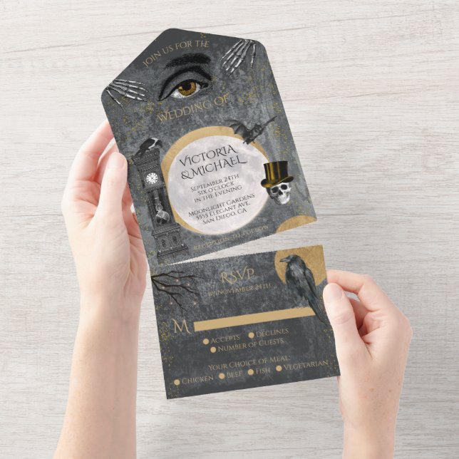 Creepy Cool Celestial Full Moon Gothic Wedding All In One Invitation (Tearaway)