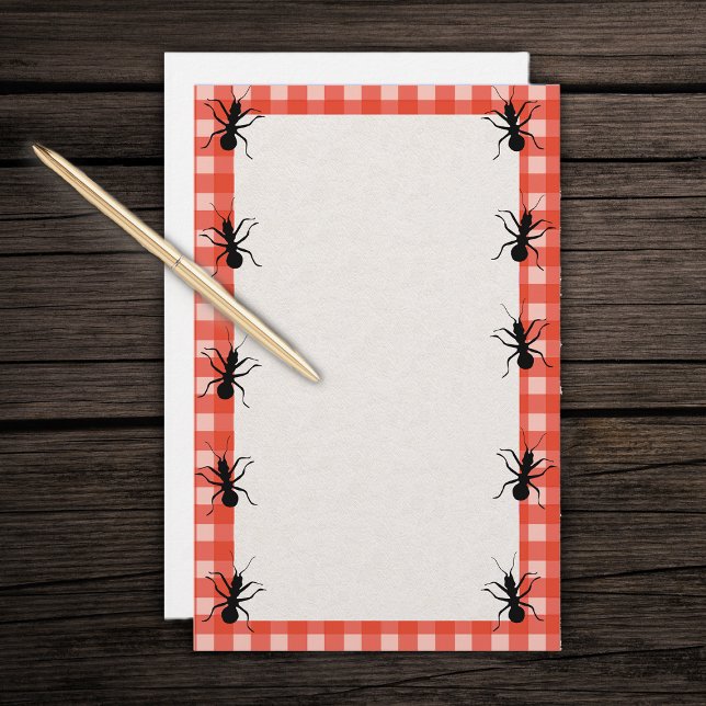 Creepy Crawly Ants Plaid Tablecloth Stationery (Marching black ants around red and white tablecloth plaid border on white writing stationery.)
