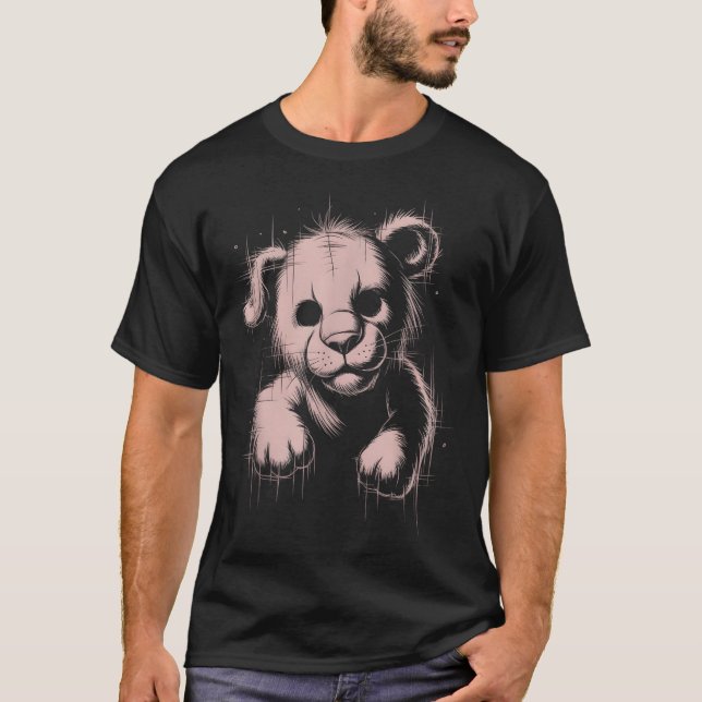 Creepy Cute Goth Teddy Lion Horror Sketch Nge Bear T-Shirt (Front)