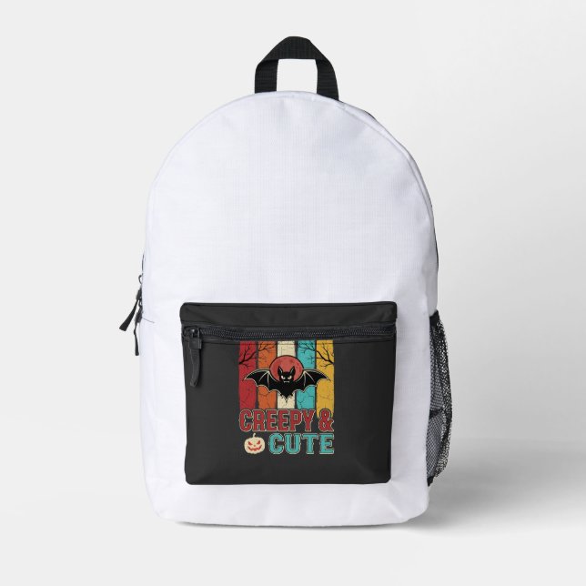Creepy Cute Halloween Bat Retro Graphic Printed Backpack (Front)