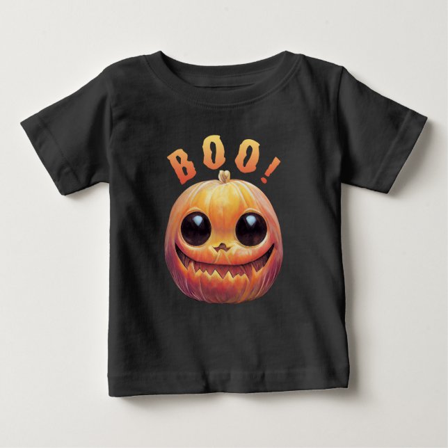Creepy Cute Halloween Pumpkin Head Saying Boo Baby T-Shirt (Front)