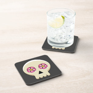 Creepy Cute Kawaii Goth Skull with Flowers Coaster