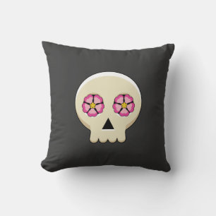 Creepy Cute Kawaii Goth Skull with Flowers Cushion