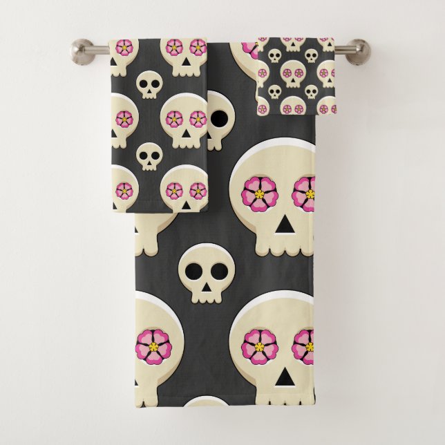 Creepy Cute Kawaii Goth Skull with Flowers Pattern Bath Towel Set (Insitu)