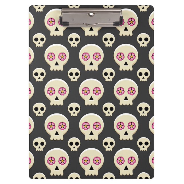 Creepy Cute Kawaii Goth Skull with Flowers Pattern Clipboard (Front)