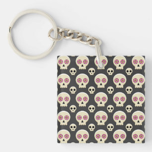 Creepy Cute Kawaii Goth Skull with Flowers Pattern Key Ring