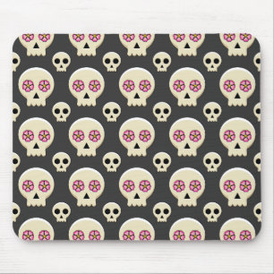Creepy Cute Kawaii Goth Skull with Flowers Pattern Mouse Pad