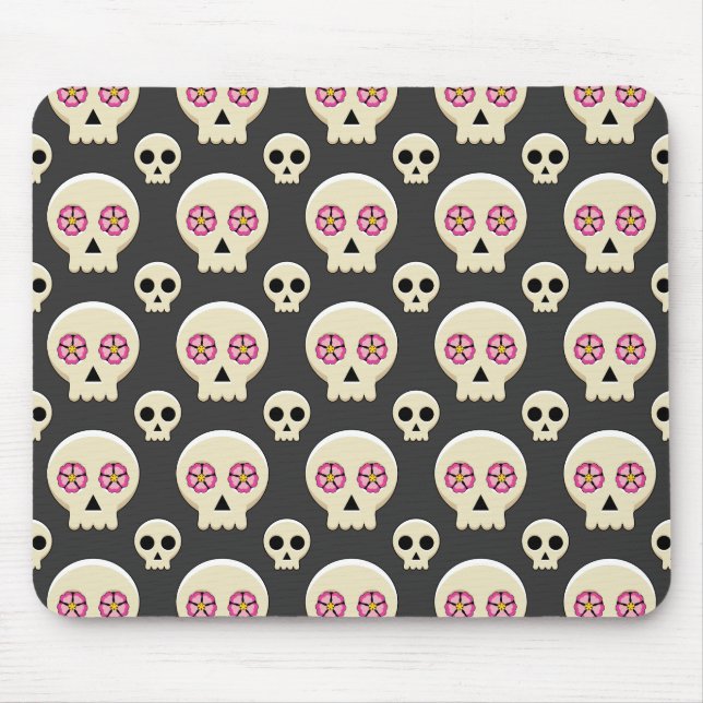 Creepy Cute Kawaii Goth Skull with Flowers Pattern Mouse Pad (Front)