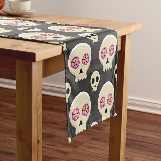 Creepy Cute Kawaii Goth Skull with Flowers Pattern Short Table Runner (In Situ)
