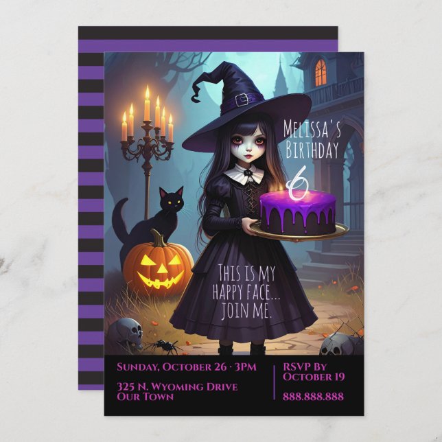 Creepy Cute, Purple Witch Birthday, Gothic Theme Invitation (Front/Back)